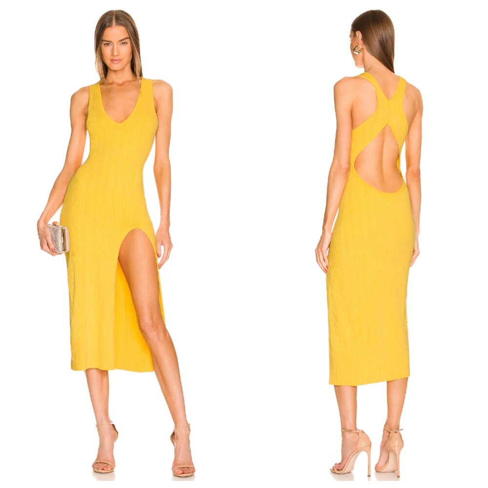 NWT Michael Costello x Revolve Variegated Rib Knit Yellow Plunge Slit Midi Dress